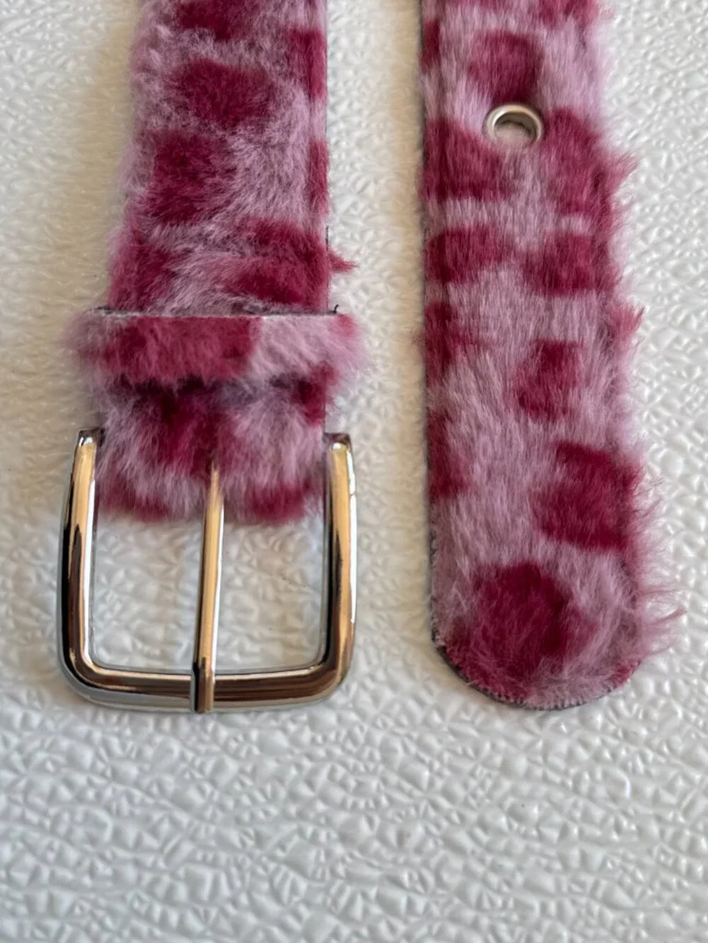 Pink Leopard Print Faux Fur Belt Silver Buckle Y2K